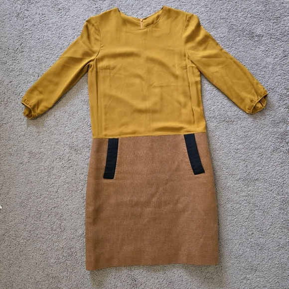 Longchamp Drop Waist Mustard and Tan/Brown Dress Sz 36 Linen Blend - Picture 3 of 7